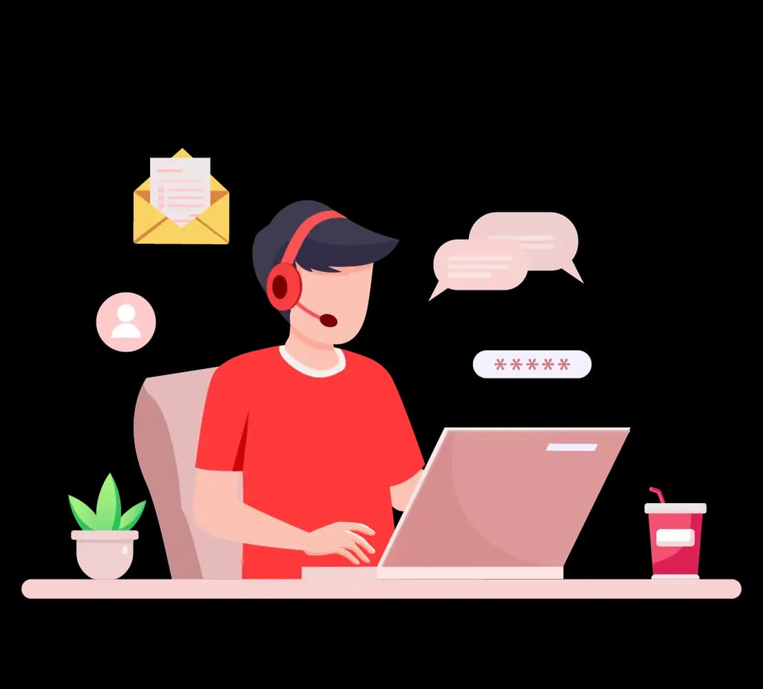 Illustration of a support agent wearing a headset and working on a laptop 24x7 to assist customers.