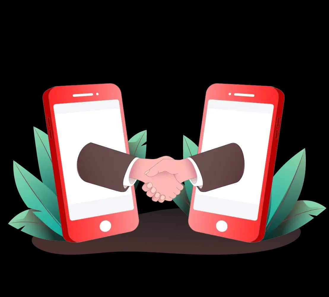 Flat design illustration of a digital handshake between smartphones, symbolizing a secure business alliance.