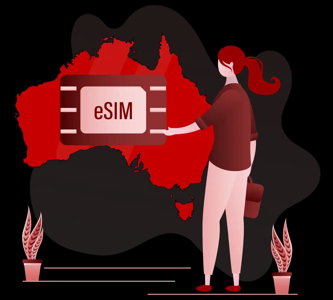 Travel with best eSIM in Australia Illustration of a woman standing next to a red map of Australia featuring an embedded eSIM chip graphic.