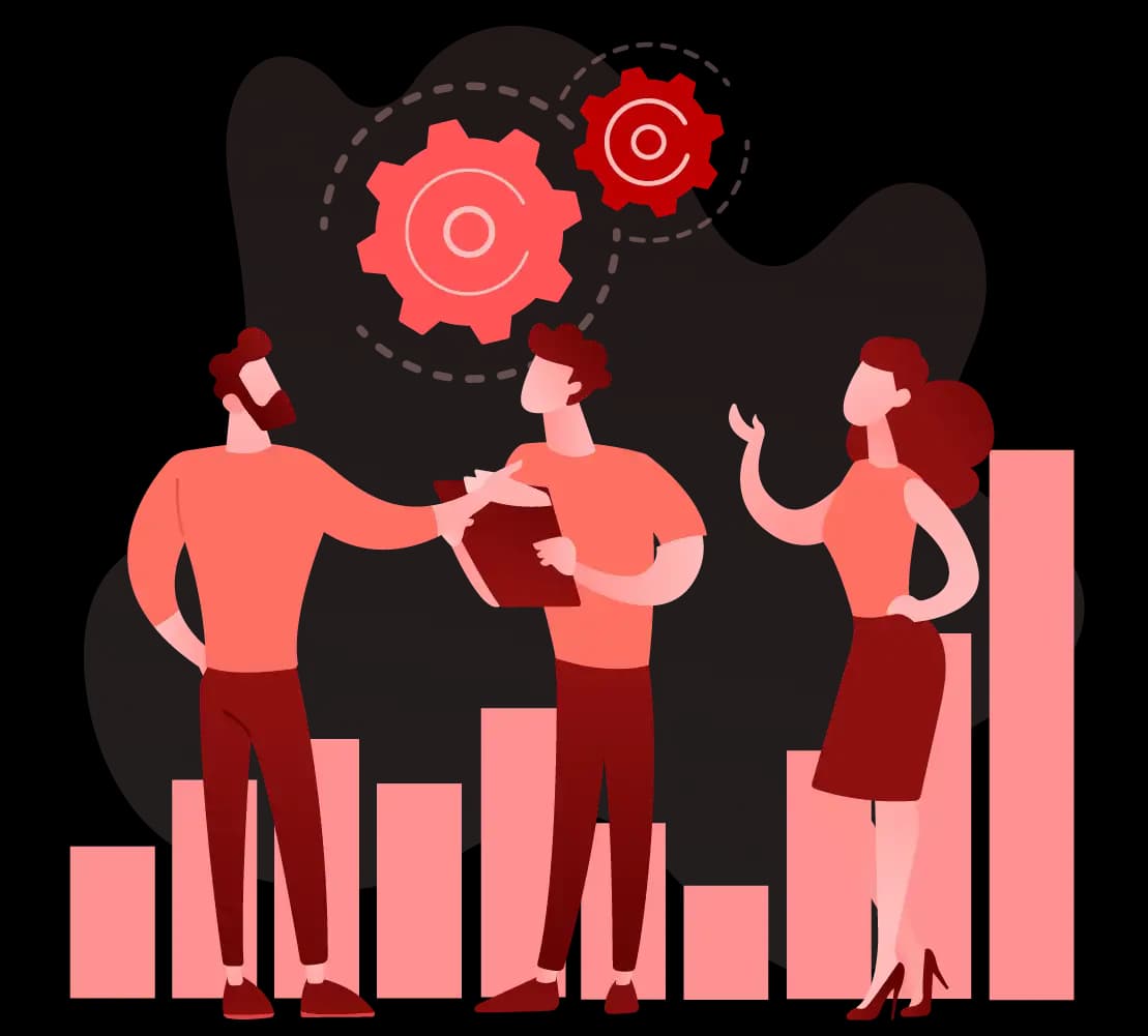 Team Driving Innovation Illustration of a professional team collaborating in front of growth charts and turning gears.