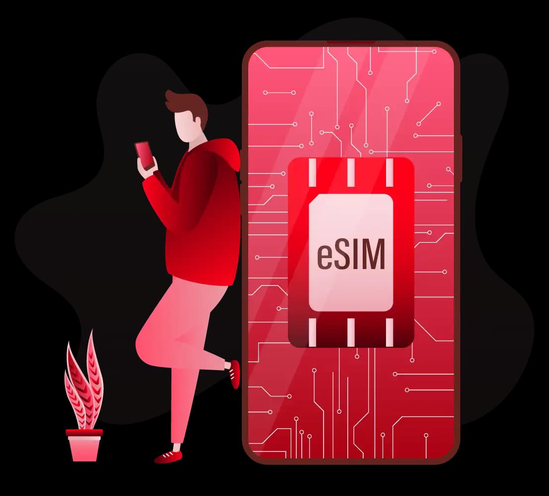 Top Rated eSIM for Travellers Graphic of a user holding a phone next to an embedded SIM chip interface, representing digital network setup.